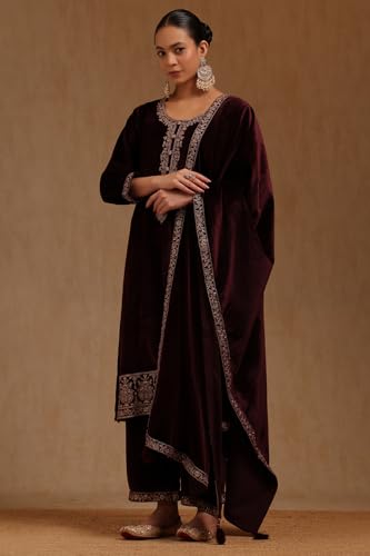 Soch Womens Wine Velvet Embroidered Suit Set With Sequins