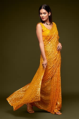 Zeel Clothing Women's Yellow Sequins Work Heavy Georgette Saree with Blouse (1009-Honey-Yellow-Sequins-Party-Saree, Honey Yellow)