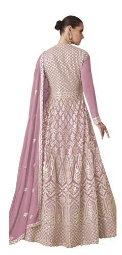 RUDRAPRAYAG Georgette Embroidery Flared Floor Length Anarkali Ethnic Gowns for Women (Semi Stitched) Lavender, Free Size