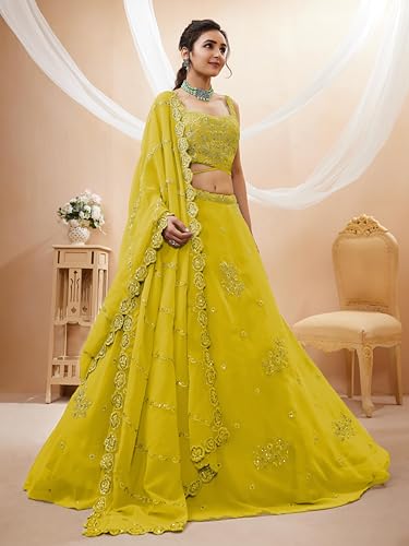 Zeel Clothing Women's Georgette Semi Stitched Lehenga Choli With Dupatta (7060-Yellow-Wedding-Lehenga-Choli; Free Size)