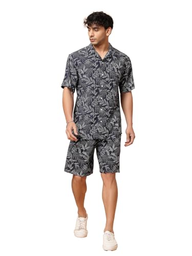 Rigo Printed Co-Ord Set for Men's | Casual Shirt & Shorts Night Suit Set | Lounge-wear Nightdress Pajama Set for Men's | Night Wear, Beach Wear, Vacation Wear Outfit Azure Blue