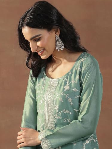 Women's Sea Green Silk Blend Straight Kurta Set With Dupatta And Pant