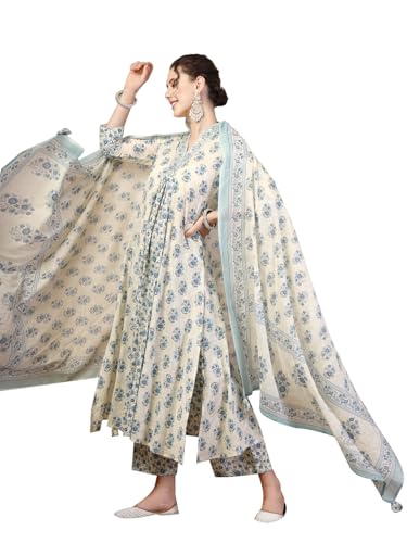 Kimayra Women's Cotton Calf Length Printed Flared V Neck Kurta Bottom Dupatta Set (KIM6013PC3BLUE_XXL, Blue)
