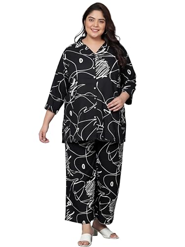 Indietoga Women Black Scribble Print Rayon Shirt and Pyjamas Nightsuit (PS50001643_Black Printed_6XL)