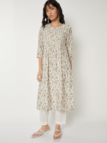 Max Women Floral Print Straight Kurta Set(White_S)