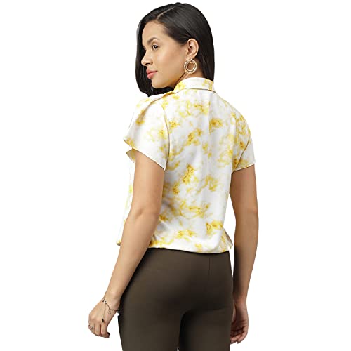 Latin Quarters Women Yellow Printed Short Sleeve Top with Tie Up Neck