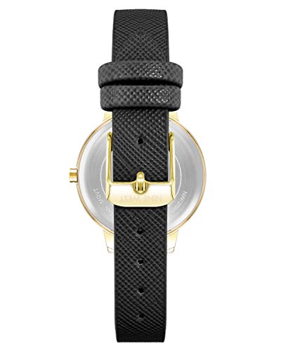 Nine West Women's Analog Watch, Black Saffiano Faux Leather Strap, Vegan Leather Strap, Limited Movement, Chronograph, Black/Gold, NW/2884
