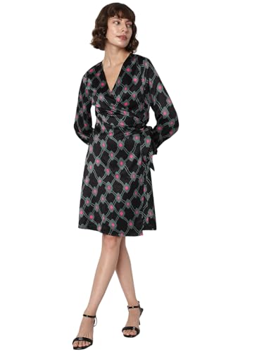 VERO MODA Women Printed Polyester Knee Length Black Wrap Dress