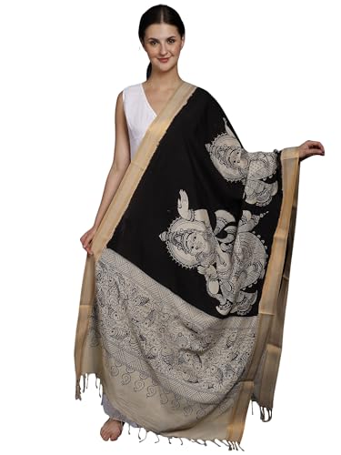 Exotic India Pirate-Black Kalamkari Dupatta with Pen Art Hand-Painted Kathakali Dancing Ladies - Cotton, Black, One Size