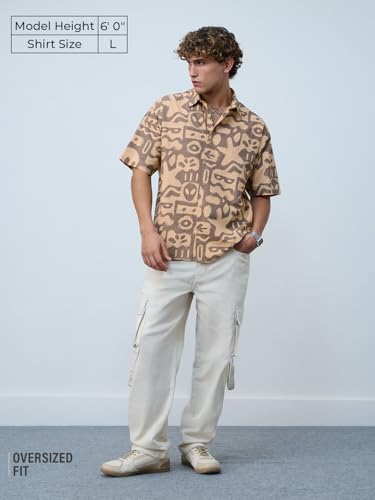 The Souled Store Oversized Shirt: Marine Men and Boys Short Sleeves Collared Neck Button Front Brown All Over Printed Cotton Oversized Shirts