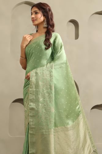 Soch Womens Olive Satin Botanical Zari Woven Saree