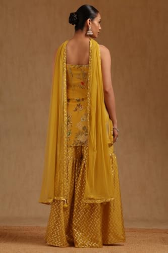Soch Womens Yellow Chinon Botanical Print Suit Set With Sequins