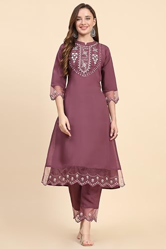 TRENDMALLS Women's Satin Silk Embroidery Salwar Suit Set Kurta Pant with Dupatta (G192-Purple-XXL)