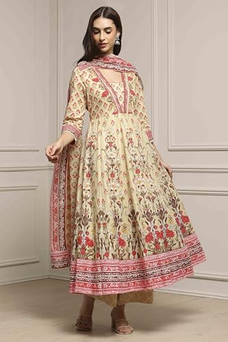 Biba Women Off White-Pink Cotton Anarkali Printed Suit Set_32