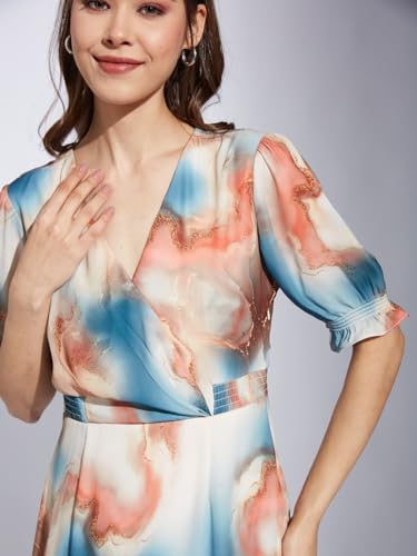 Latin Quarters Women Orange V-Neck Half Sleeve Printed A-Line Dress_M