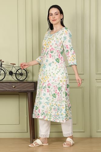 White Floral and Bird Printed Straight Kurta with Scalloped Neckline_24AUSTW10592-121987_XS
