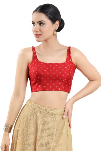 Vamas Women's Silk Padded Self Design Sleeveless Readymade Saree Blouse (X-1000NS_RED_40)