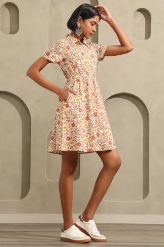 Soch Womens Beige Cotton Botanical Printed Cinched Waist Dress