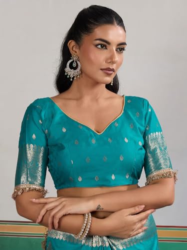 AKHILAM Women's Light Blue Satin Silk Ethnic Printed Saree With Unstitched Blouse Piece(KRNIVLWED002_RJ)