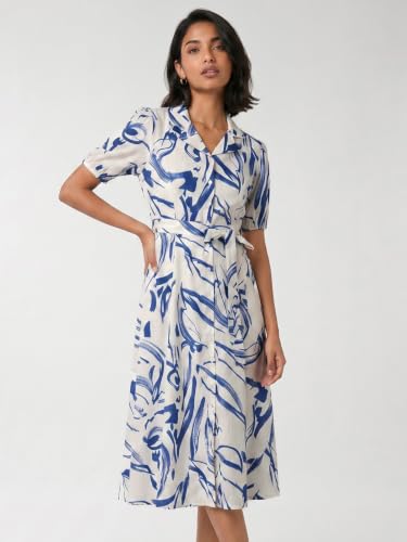 Max Women Printed Belted Midi Dress (White_S)