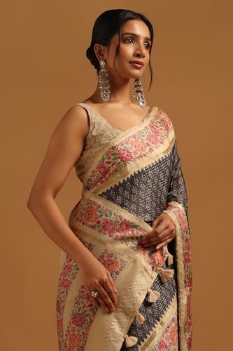 Soch Womens Charcoal Tussar Floral Saree With Zari Work