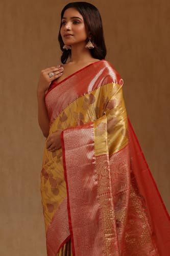 Soch Womens Mustard Silk Blend Botanical Zari Woven Saree