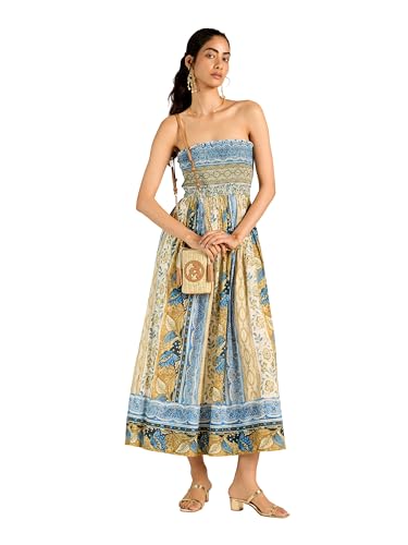 Label RITU KUMAR Blue Ecru Renelle Offshoulder Dress