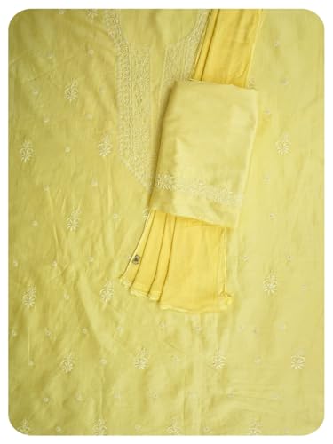 Ada Hand Embroidered Lucknowi Chikankari Unstitched Chanderi Dress Material Suit Piece with Dupatta for Women 01A791864 Lemon