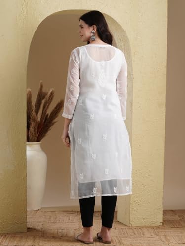 Ada Hand Embroidered Lucknowi Chikankari Women's Georgette Kurta Set with Slip A811191 White (XL)