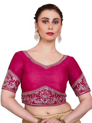 S SALWAR STUDIO Pink Silk Embroidered Readymade Alterable Blouse