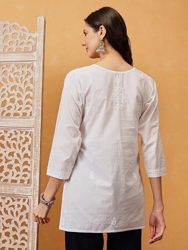 Ada Lucknowi Hand Embroidered Chikankari Cotton Short Kurta Kurti Tunic Top for Women A911364 White (L)