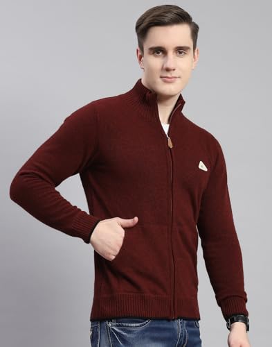 Monte Carlo Mens Maroon Solid Stand Collar Full Sleeve Wool Blend Casual Sweater | Warm Woolen Pullover for Men | Soft Comfortable Knitted Winter Wear Sweater for Men's