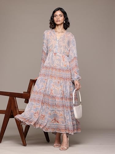 Label RITU KUMAR V Neck Full Sleeves Printed Long Dress Blue