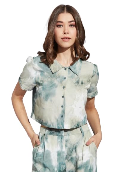 Latin Quarters Women Green Collar Neck Half Sleeve Printed Casual Shirt Blouse_M