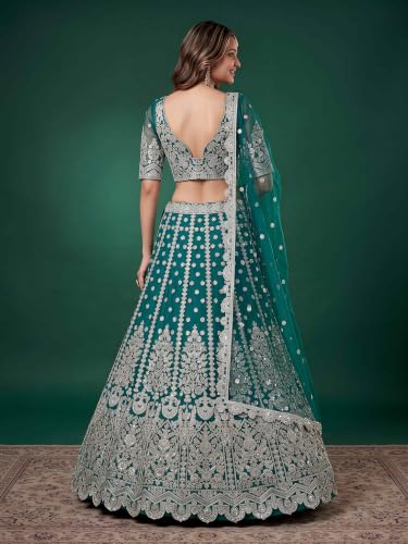 Zeel Clothing Women's Zari Sequins Embroidered Work Soft Net Lehenga Choli With Dupatta (6013-Rama-Womens-Lehenga-Choli-New; Free size)