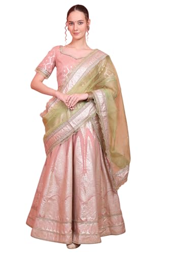 Wishful Women's Pink Embroidered Jacquard Blouse, Flared Lehenga and Dupatta Set (Size: XL)-SP12575-314276