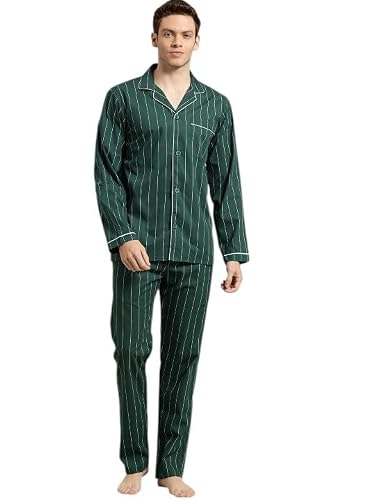 Hancock Men Cotton Striped Pyjama Set Bottle Green Size L