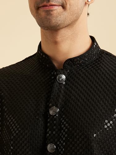 Manyavar Men's Viscose All-Over Sequinned Festive Mid-Length Kurta Set (Black,XXL)