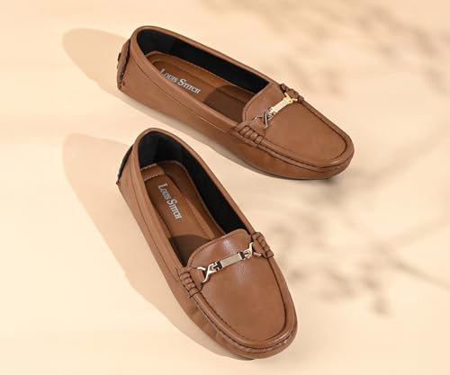 LOUIS STITCH Women’s Tan Premium Slip-On Loafers with Buckle | Elegant Solid Slip-On Comfort Shoes for Casual and Formal Wear | Slip-On Loafer Shoes for Women | LSLD-BLR-HS04-TN | UK-5