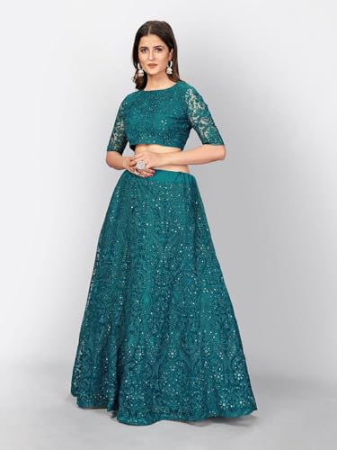 Zeel Clothing Womens Thread Sequins Embroidery Soft Semi-Stitched Net Lehenga Choli Set With Dupatta (6017-Teal-Green-Wedding-Stylish-Latest; Free Size)