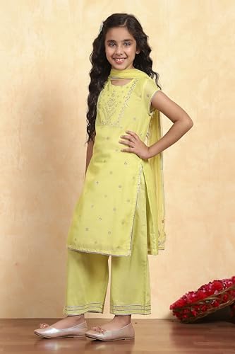 BIBA Girl's Lime Yellow Polyester Straight Printed Suit Set