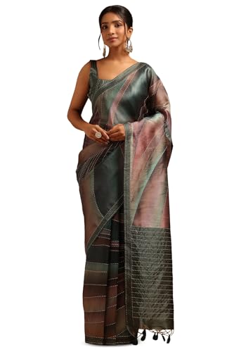Soch Womens Green Tussar Abstract Saree With Hand Embroidery