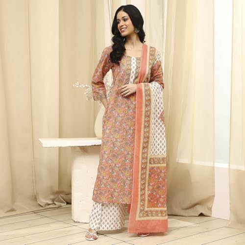 BIBA Women Peach Cotton Screen Print Unstitched Suit Set_FREE SIZE