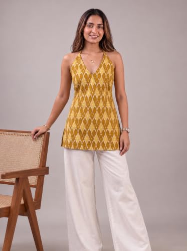 Rangrooh Women's Cotton Printed Short Corset Kurti | Halter Neck Sleeveless Backless Lace-Up Tie | Indo-Western Summer Ethnic Kurti (Yellow) - L