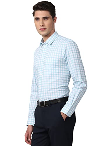 Peter England Men's Classic Checkered Formal Slim Fit Full Sleeve Shirt | Wonder Fabric | Cotton-Rich Light Blue