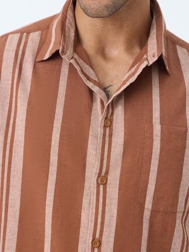 The Souled Store Cotton Linen Stripes: Redwood Men and Boys Long Sleeve Spread Collar Brown Striped Casual Daily Office Wear Lightweight Regular Fit Cotton Linen Shirt