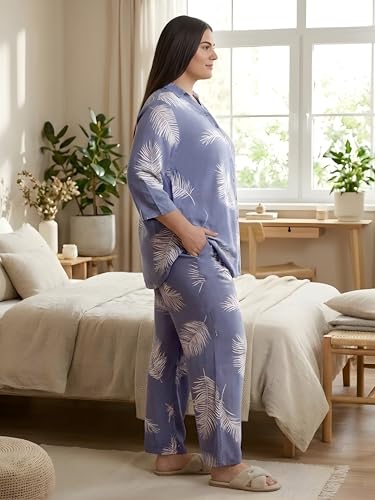 Indietoga Women Plus Size Rayon Shirt and Pyjamas Nightsuit (P50001452_Blue Printed_3XL)