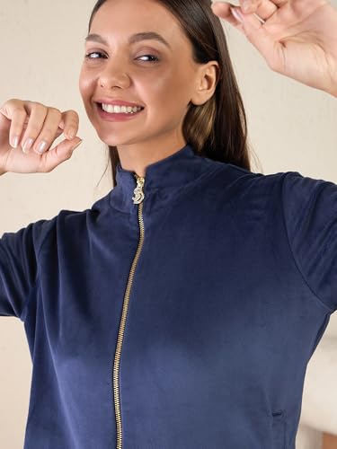 Sweet Dreams Women's Solid Velour Spandex Front Open Pyjama Set