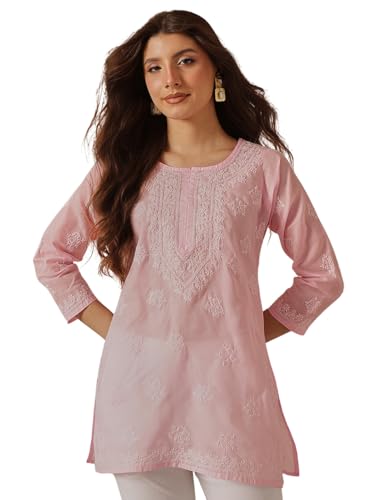 Ada Hand Embroidered Lucknow Chikankari Straight Round Neck Cotton Short Kurti Top for Women A911323 (6XL, Pink)