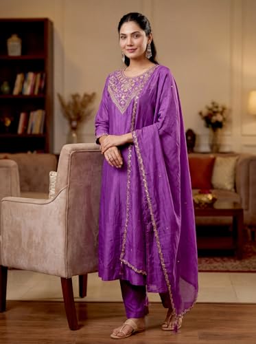 VARNI FABRICS: A lady's First Love Women's Vichitra Silk Embroidered Kurta With Pants and Dupatta, Ethnic Wear Set (IN, Alpha, S, Regular, Purple)